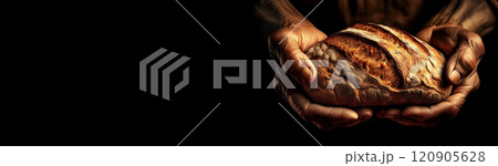 Wrinkled Hands of an Old Man Holding a Loaf of Bread on Black Background - Generative Ai 120905628