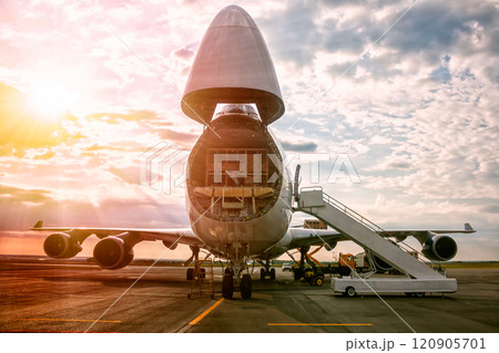 Unloading wide body transport cargo aircraft in the morning sun Unloading wide body transport cargo aircraft in the morning sun 120905701