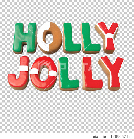 Holly Jolly - Christmas clay lettering element in naive childish style. Winter holiday quote Isolated raster element on transparent background. 120905712