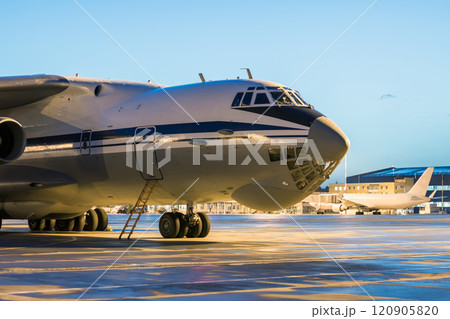 Close-up big cargo airplane at the airport apron in the early morning 120905820