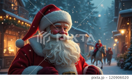 Santa Claus stands joyfully in a snowy village,...のイラスト素材 [120906020 ...