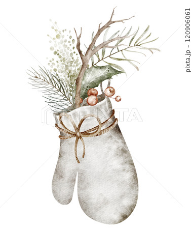 Christmas watercolor illustration with holly sprig and evergreen leaves in mitten. Hand-drawn festive design for greeting cards and holiday invitations. Perfect for traditional winter celebrations. Christmas watercolor illustration with holly sprig and evergreen leaves in mitten. Hand-drawn festive design for greeting cards and holiday invitations. Perfect for traditional winter celebrations. 120906061
