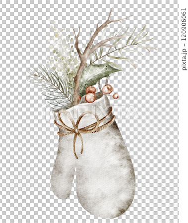 Christmas watercolor illustration with holly sprig and evergreen leaves in mitten. Hand-drawn festive design for greeting cards and holiday invitations. Perfect for traditional winter celebrations. Christmas watercolor illustration with holly sprig and evergreen leaves in mitten. Hand-drawn festive design for greeting cards and holiday invitations. Perfect for traditional winter celebrations. 120906061