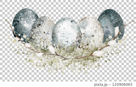 Easter watercolor composition illustration. Hand-drawn design with eggs, twigs, and vintage pastel tones for festive cards and invitations. Perfect for springtime holiday celebration templates. Easter watercolor composition illustration. Hand-drawn design with eggs, twigs, and vintage pastel tones for festive cards and invitations. Perfect for springtime holiday celebration templates. 120906065