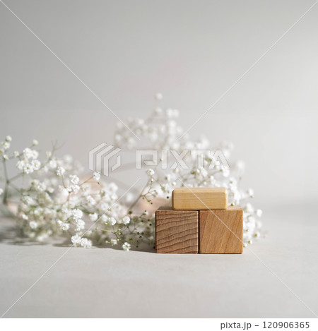 Front view. Wooden cubes in a pile with a copy space for your product 120906365