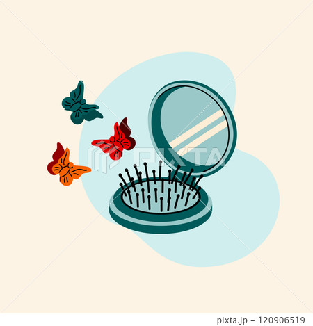 A children's hairpin and a pocket mirror in the style of the 90s. Butterfly hairpins and a comb. A children's hairpin and a pocket mirror in the style of the 90s. Butterfly hairpins and a comb. 120906519