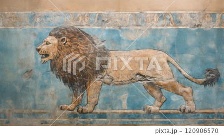 Wall fresco of lion like Ancient Sumerian or Babylonian art, cracked vintage sculpture, concept of antique, painting. 120906570
