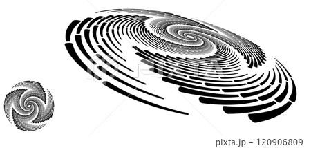 Spiral with black lines as dynamic abstract vector background or logo or icon. Artistic illustration with normal view and perspective on white background. 120906809