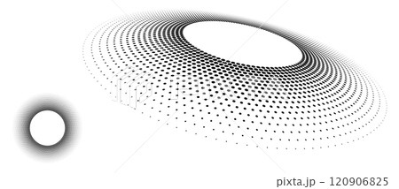 Abstract halftone dotted circles advertising background. Optical illusion effect. Black creative halftone circle polka dots vector in perspective view. 120906825