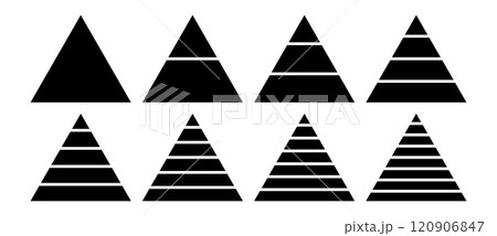 Triangle shape with lines as modern design element, logo or icon. Triangles with 1, 2, 3, 4, 5, 6, 7, 8 equal parts as infographic template. 120906847