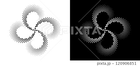 Modern abstract background. Halftone dots in spiral. Round logo. Vector dotted frame. Design element or icon. Black shape on a white background and the same white shape on the black side. 120906851