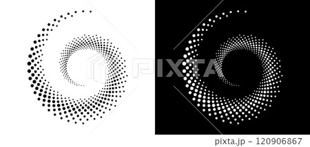 Modern abstract background. Halftone dots in spiral. Round logo. Vector dotted frame. Design element or icon. Black shape on a white background and the same white shape on the black side. 120906867