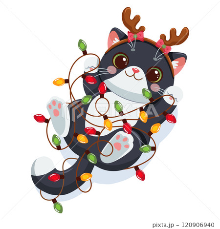 Vector illustration of a playful black and white cartoon cat tangled in colorful Christmas lights Vector illustration of a playful black and white cartoon cat tangled in colorful Christmas lights 120906940