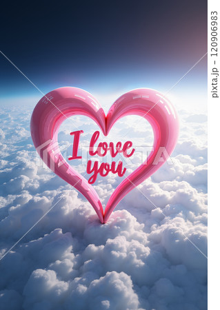 A pink heart with I love you in a cloudy sky. 120906983