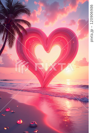 Pink heart sculpture on a tropical beach at sunset. 120906986