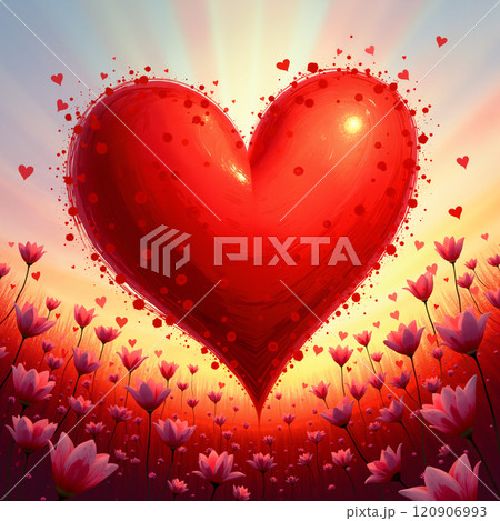 Heart-shaped object above pink flowers. 120906993