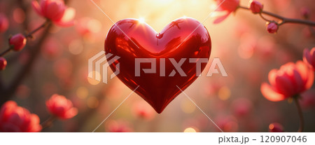 A red heart floats in a field of pink flowers. 120907046