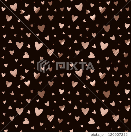 Seamless pattern with multi-colored hearts on a black background. In trendy color shades Mocha, Mousse of 2025. 120907233