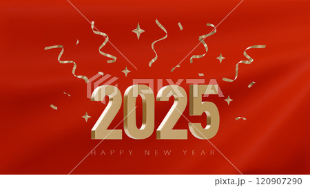 Happy new year 2025. 3D vector Festive design with golden number on a background of red fabric. Luxury design for Christmas and New Year banners, flyers. 120907290