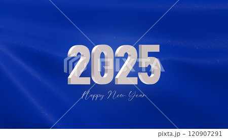 Happy New Year 2025. New modern 3d vector design. White silver 2025 with on dark blue textile background. Template for New Year banners, flyers, greeting cards 120907291
