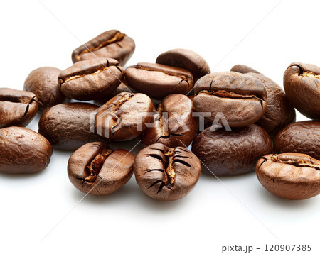 Pile coffee beans isolated on white background. Roasted coffee beans 120907385