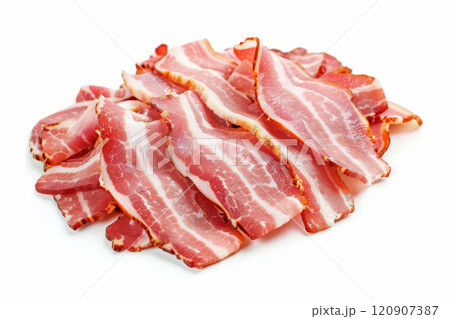 Raw smoked bacon isolated on a white background. Streaky brisket slices. With clipping path. 120907387