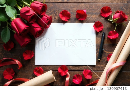 Text space on florist's table surrounded by red roses 120907418