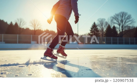 Person ice skating at sunset on an outdoor rink, ice sparkling. Concept of winter sports and outdoor recreation. 120907538