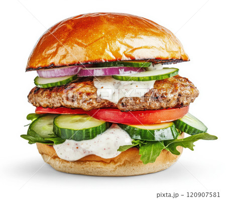 fresh delicious burger with onions, tomato, cucumbers and tasty sauce isolated on white background fresh delicious burger with onions, tomato, cucumbers and tasty sauce isolated on white background 120907581