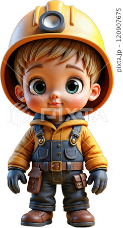 Cartoon miner boy in yellow helmet. 120907675