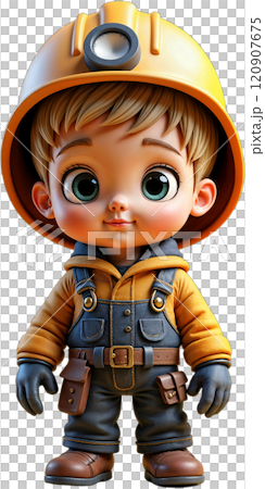 Cartoon miner boy in yellow helmet. 120907675