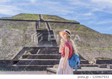 Female tourist exploring Teotihuacan, Mexico. Cultural heritage, ancient ruins, and archaeological adventure concept Female tourist exploring Teotihuacan, Mexico. Cultural heritage, ancient ruins, and archaeological adventure concept 120907932