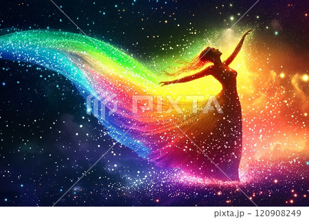 Colorful silhouette of a woman surrounded by vibrant cosmic energy at night 120908249