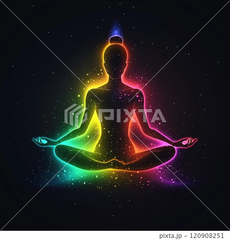 Glowing woman in lotus yoga pose 120908251