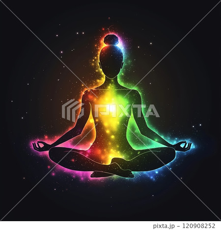 Glowing woman in lotus yoga pose 120908252