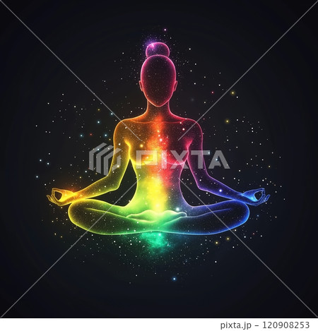 Glowing woman in lotus yoga pose 120908253