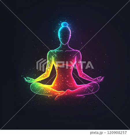 Glowing woman in lotus yoga pose 120908257