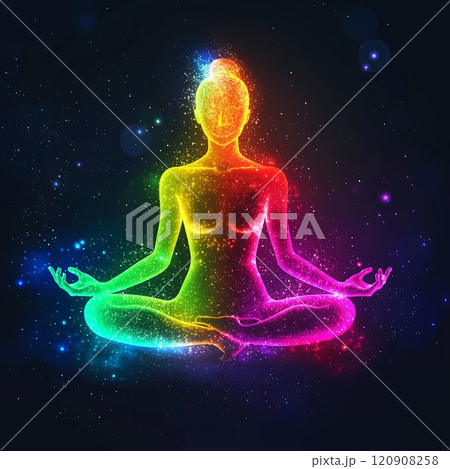 Glowing woman in lotus yoga pose 120908258