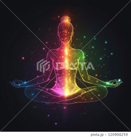 Glowing woman in lotus yoga pose 120908259