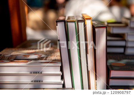 Books on the shelf in the market or bookstore or library. Books on the shelf in the market or bookstore or library. 120908797