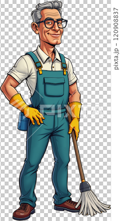 Man with glasses, blue overalls and yellow gloves holding a broom. 120908837