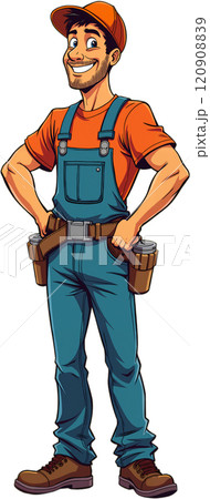 Cartoon man wearing a tool belt and holding tools. 120908839
