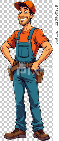 Cartoon man wearing a tool belt and holding tools. 120908839