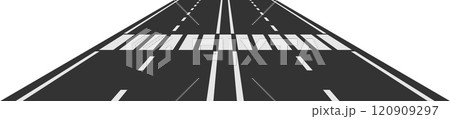 Pedestrian crossing with white stripes painted on a dark asphalt road leading to the horizon, representing road safety and urban infrastructure Pedestrian crossing with white stripes painted on a dark asphalt road leading to the horizon, representing road safety and urban infrastructure 120909297