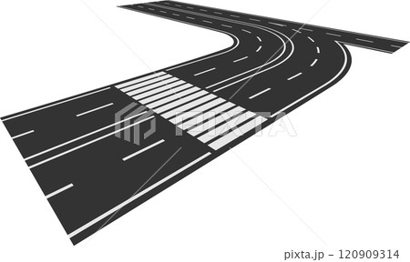 Curving asphalt road featuring a clearly marked crosswalk leading into a sharp turn, representing journeys, choices, and changes in direction along the path of life Curving asphalt road featuring a clearly marked crosswalk leading into a sharp turn, representing journeys, choices, and changes in direction along the path of life 120909314