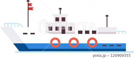 Fishing boat sailing across the sea, adorned with vibrant red flags and lifebuoys, showcasing a superstructure featuring large windows, all in a minimalist flat design style Fishing boat sailing across the sea, adorned with vibrant red flags and lifebuoys, showcasing a superstructure featuring large windows, all in a minimalist flat design style 120909355