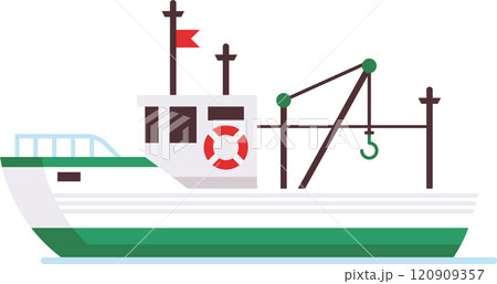 Small fishing boat floating on the water, featuring a crane equipped with a hook, designed for fishing activities, showcasing a minimalist and colorful aesthetic Small fishing boat floating on the water, featuring a crane equipped with a hook, designed for fishing activities, showcasing a minimalist and colorful aesthetic 120909357