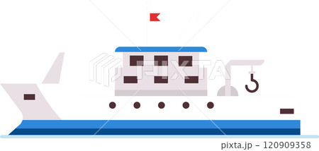 Fishing boat floating on water with crane and hook, featuring a red flag, windows, and blue and white color scheme, representing commercial fishing and maritime industries 120909358