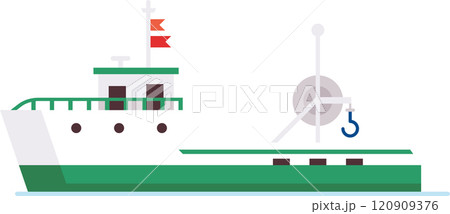 Fishing boat with winch, hook and red flags floating on the water, side view of a commercial fishing vessel used for catching fish in the ocean 120909376