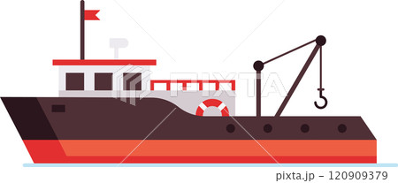 Modern fishing boat floating on water, featuring a crane with hook, red flag, lifebuoy, and navigation equipment, representing commercial fishing industry and maritime activities 120909379